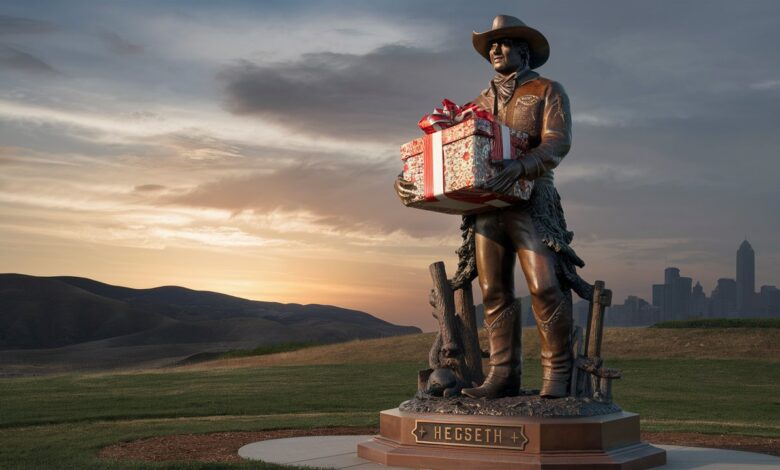 hegseth cowboy statue gift held